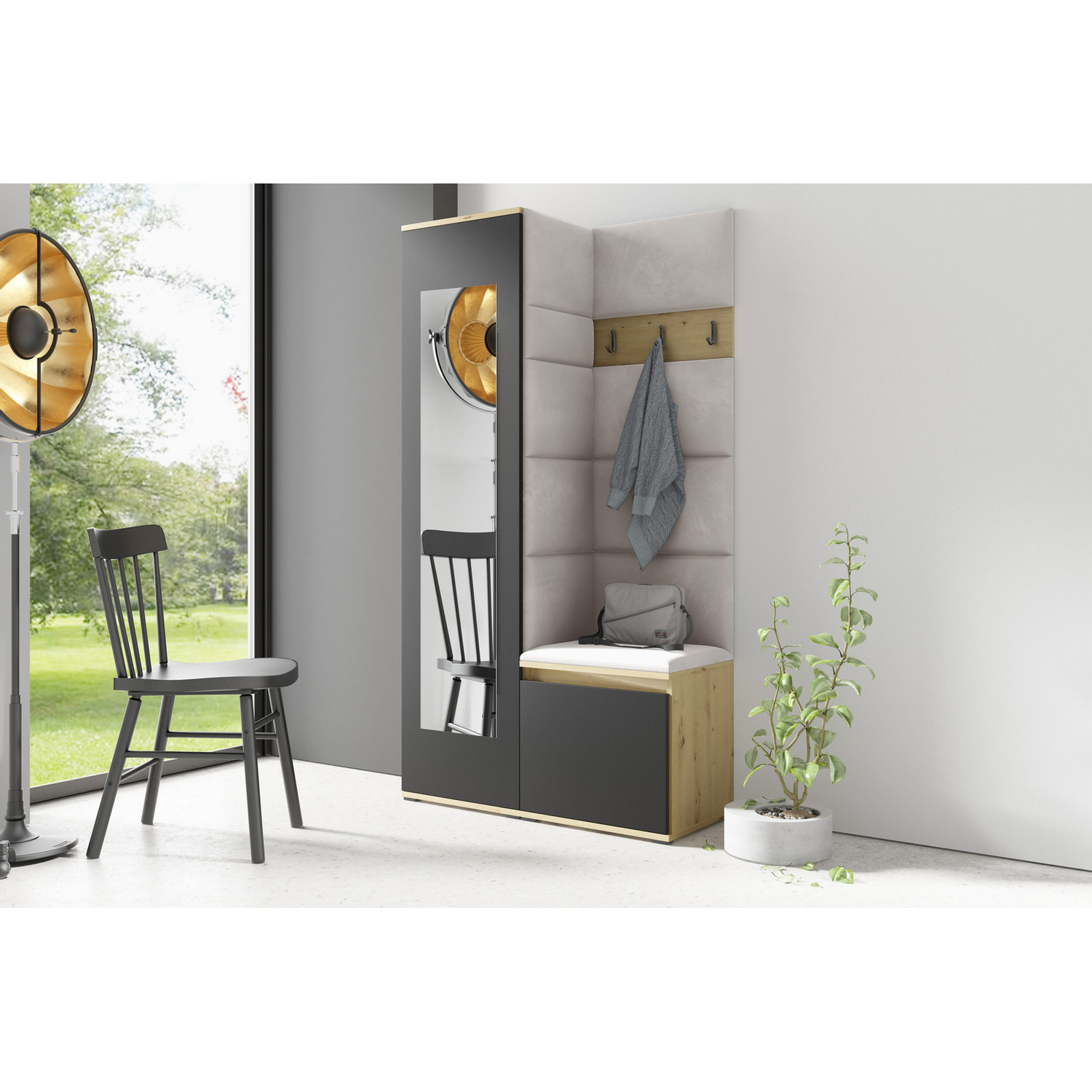 Předsíňová stěna AMI 13 Světle růžová Dub sonoma Se zrcadlem Signal-nabytek